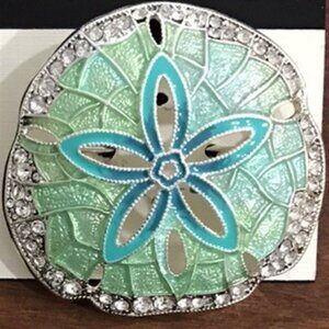 NAPIER Nautical Sand Dollar Silver Lime Green/Turquoise Clear Crystal Brooch Pin